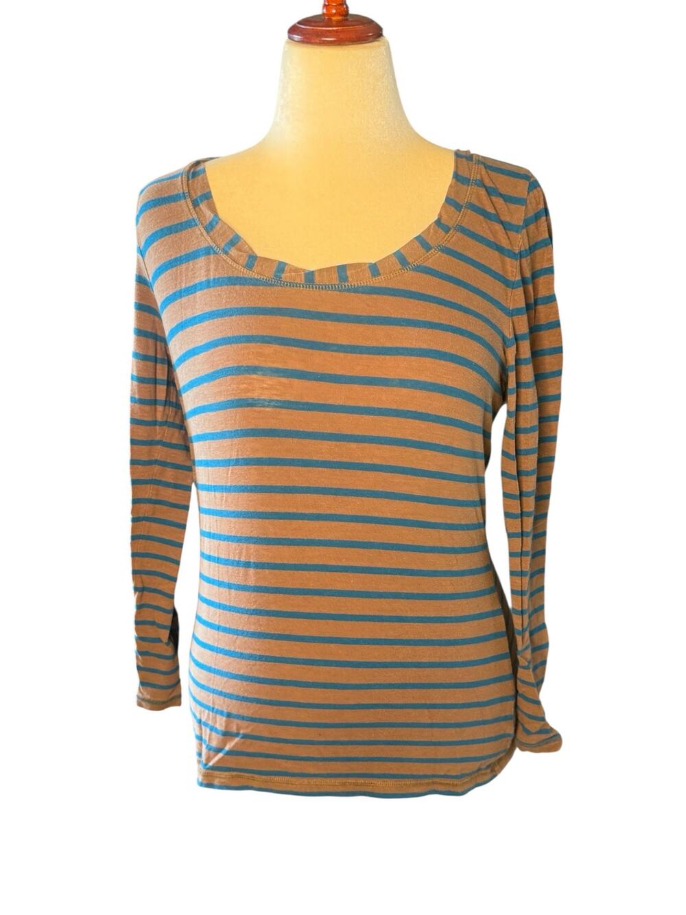 Boden Tan/Teal Long Sleeve Scoop Neck Striped Top- size 10